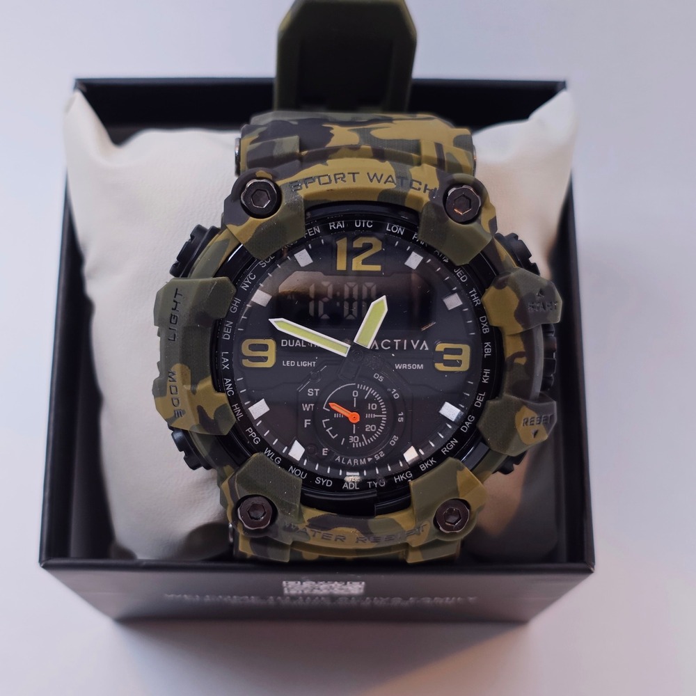 Activa Sport Watch Mens Green Camo Dual Time Digital Analog WR50M New